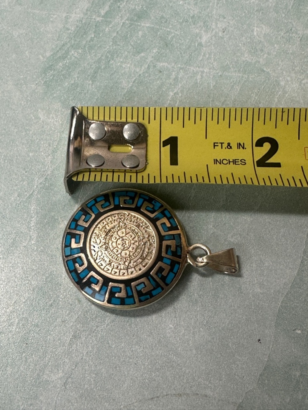 sterling silver pendant Mexican-made piece turquoise inlay Aztec calendar - Picture 7 of 7